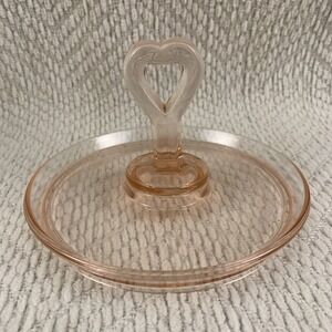 Pink Depression Glass Heart Shaped Handle Candy Nut Tray Dish Trinket Jewelry